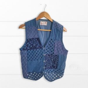 Vintage New Directions Blue Denim Vest with Floral and Lattice Details, Size M